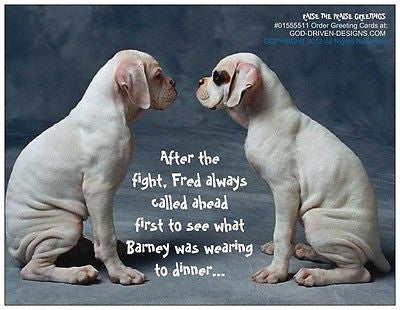 God Driven Designs Fred and Barney Boxer Dog Fight Funny Greeting Card Gift Idea Image