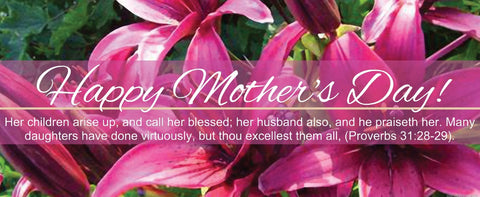 Happy Mother's Day Banner 2.5' x 6' - Purple Lilies Proverbs 31:28-29