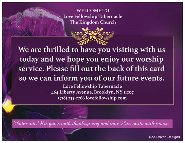 Custom Church Welcome Cards - Purple Theme